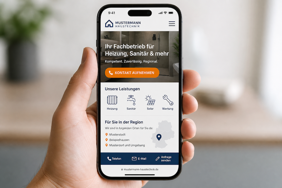 Mobile Ansicht einer Handwerker-Website mit sichtbarem Kontaktbutton und Leistungsnavigation