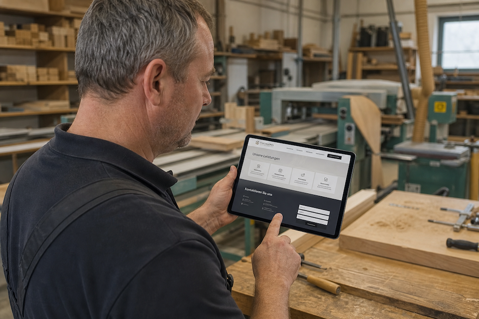 Schreinermeister betrachtet seine Website mit Tablet in seiner Werkstatt