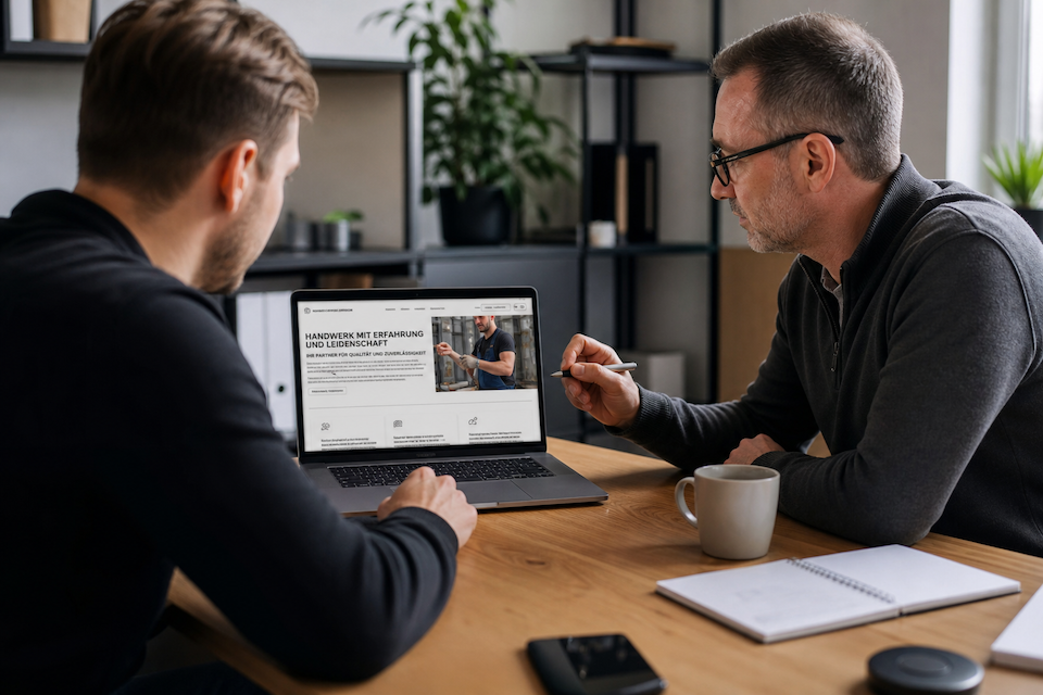 Unternehmer stimmt gemeinsam mit seinem Ansprechpartner eine Aktualisierung der Leistungsseite ab